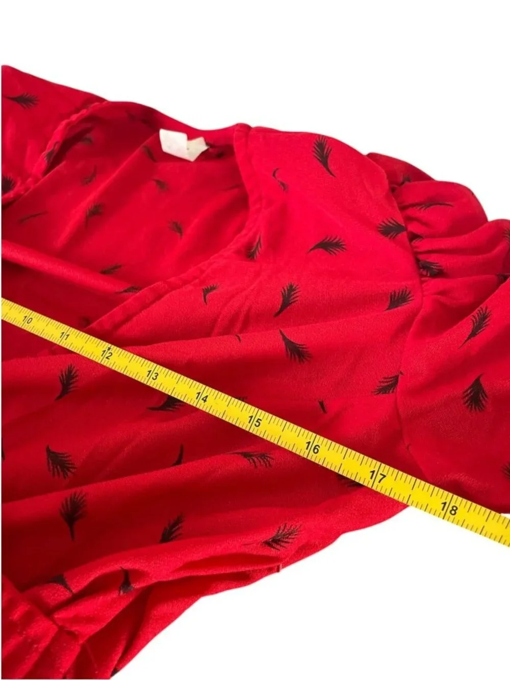 Vintage 80s Red Peplum Midi Dress | Black Leaf Print | Puff Shoulders | S Retro - Picture 10 of 13